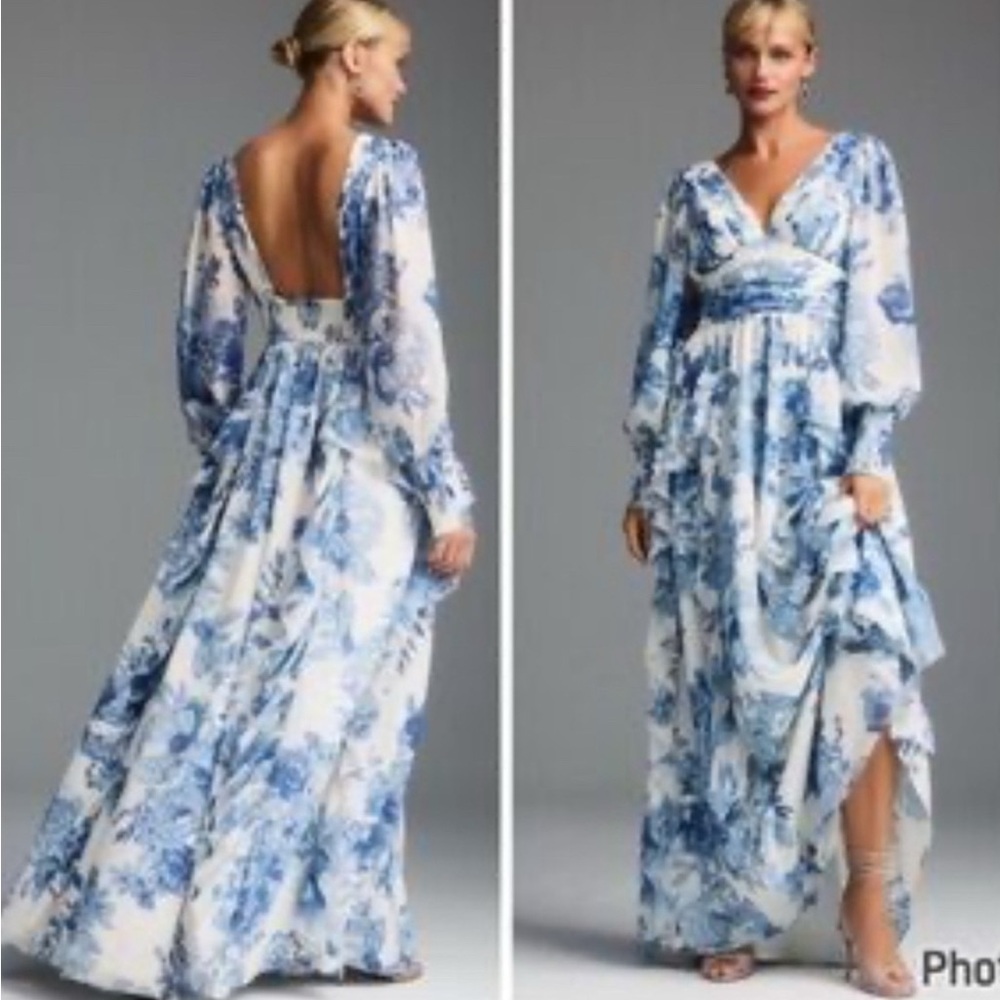Anthropologie BHLDN Long Sleeve Chiffon Floral Blue White Romantic Gown - L